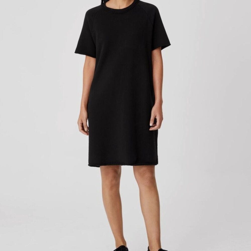 Eileen Fisher Organic Cotton French Terry Dress Black XS Raw Edge Short Sleeve